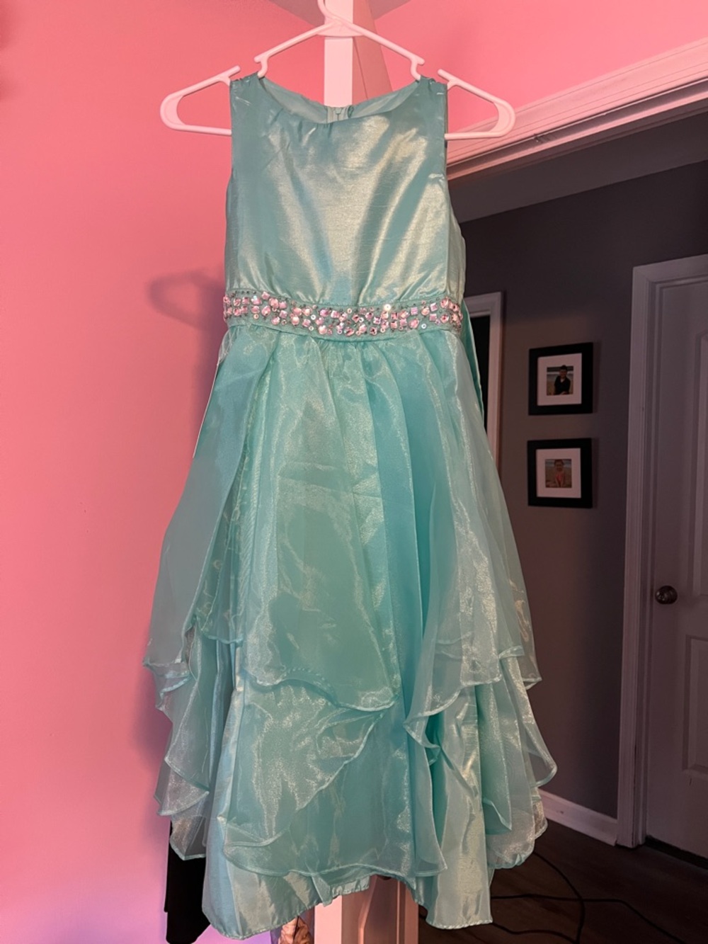 Aqua Organza Girls Party Dress with Jeweled Waistband